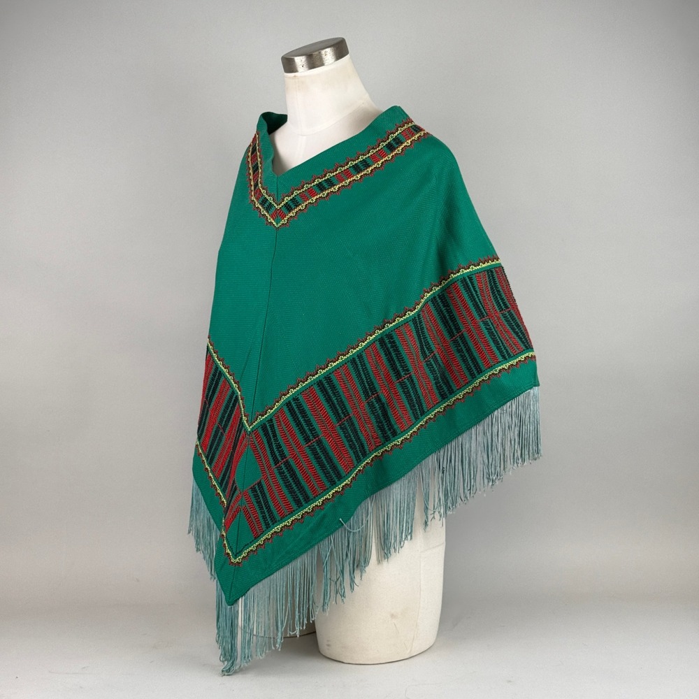 Vintage Southwestern Style Poncho Women OS Green Embroidered Fringe Cape - Picture 2 of 6